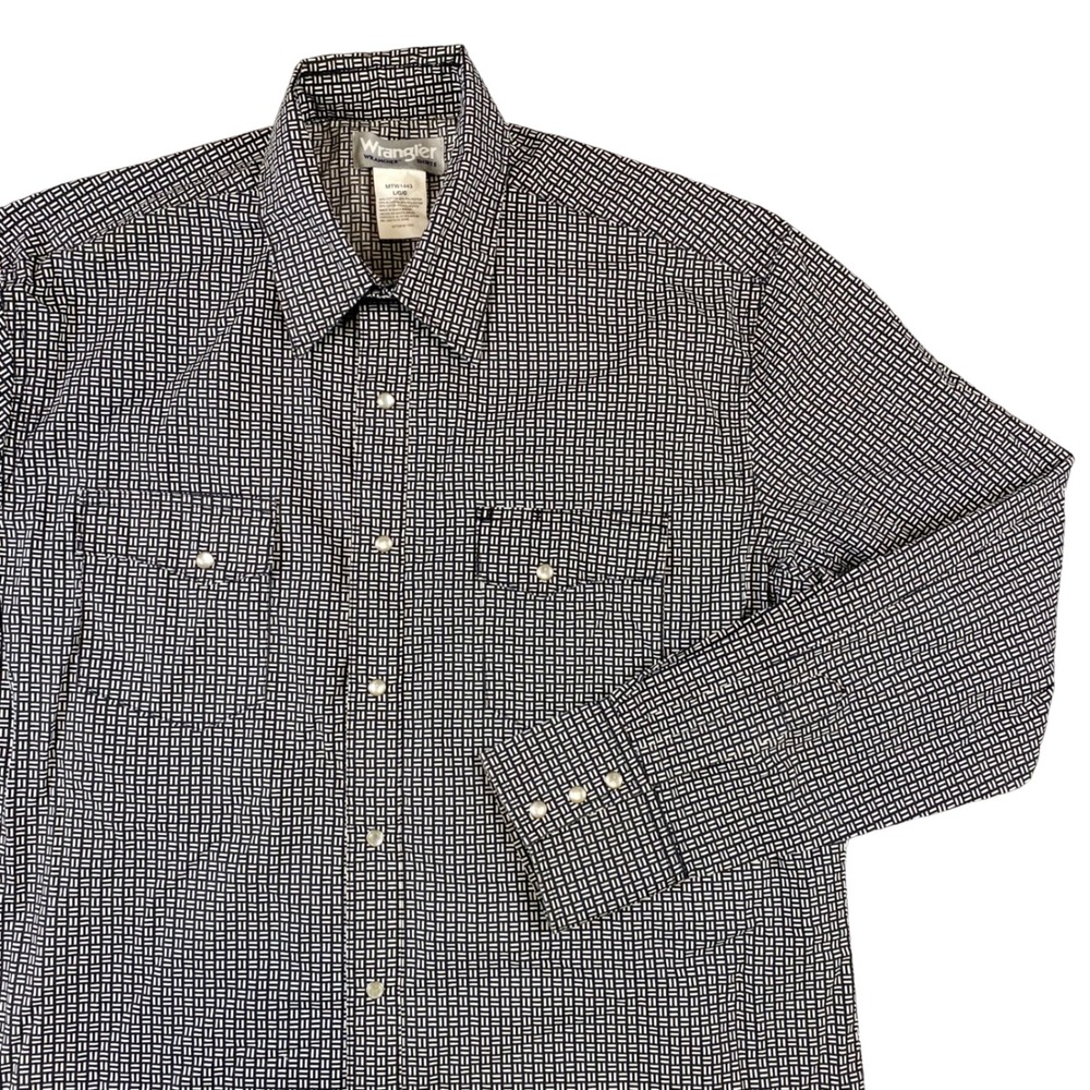 Wrangler Wrancher Mens Large Black White Geometric Pearl Snap Western Shirt